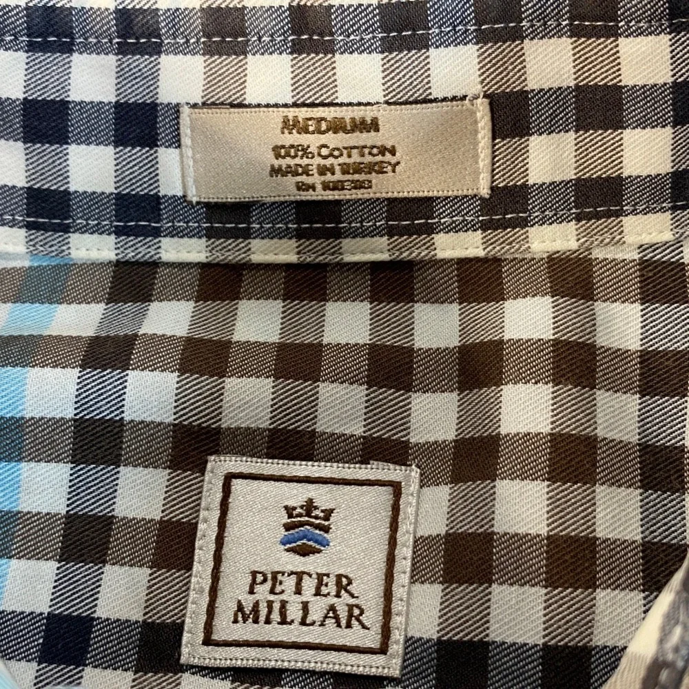 Peter Millar Mens Medium‎ Gingham Check Button Down Shirt Brown Blue Cotton